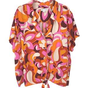 Ava & Viv 2X Linen Blend Retro Mod Psychedelic Tie Front Button Blouse Top